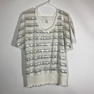 Studio Y Womens Large Silver Sequins Off White Top